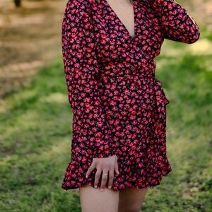 Rose Print Long Sleeve Wrap Dress